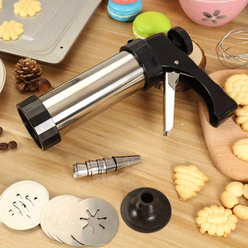 Stainless Steel Cookie Press Gun Kit - Professional Biscuit Maker & Cake Decorating Machine with Pastry Extruder Nozzles and Molds - Perfect Baking Tools for Valentine's Day, Easter & Holiday Desserts