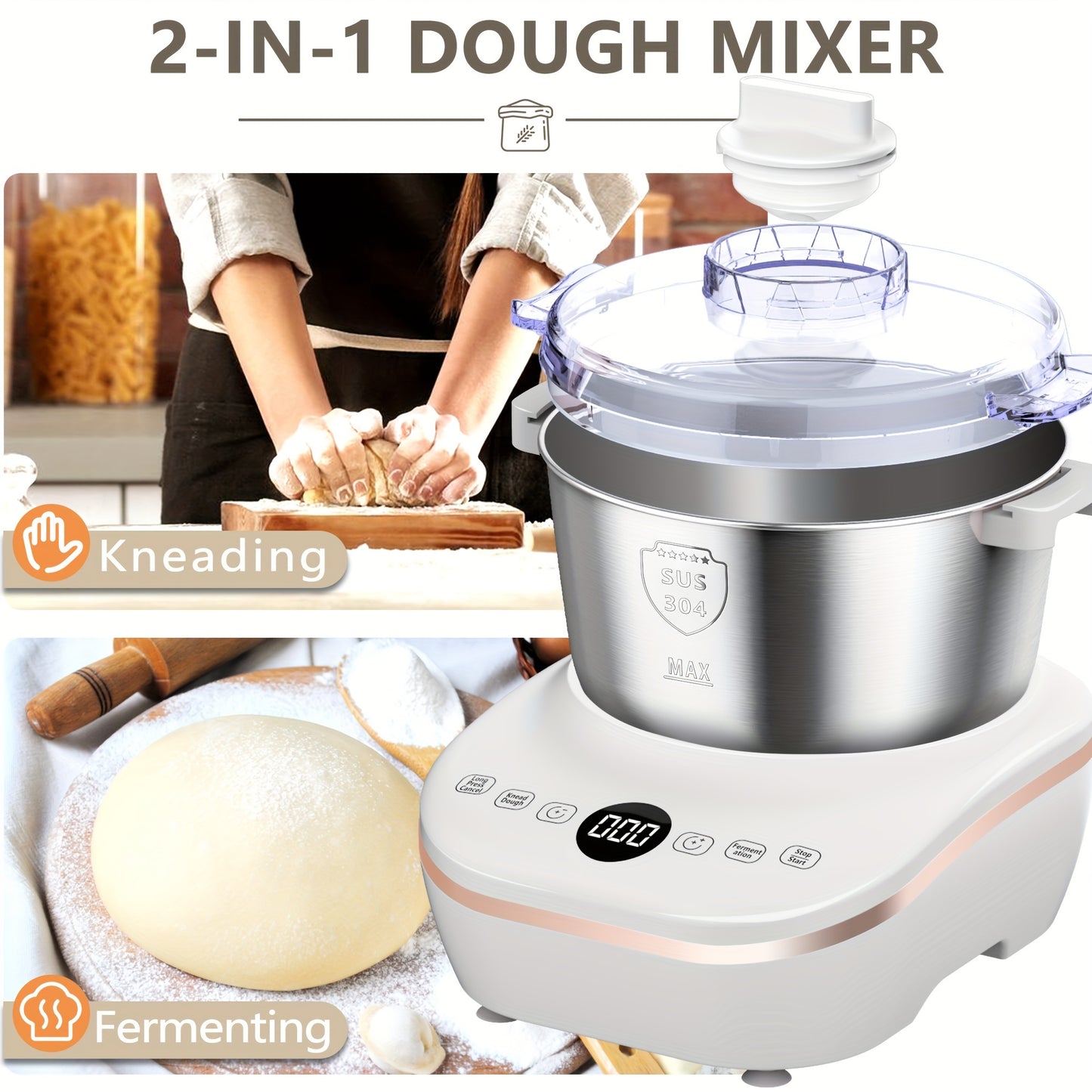 1.85Gal Electric Dough Mixer with Ferment Function, 304 Stainless Steel Bowl Timing Control Bread Kneading Machine for Homemade Pizza Bread