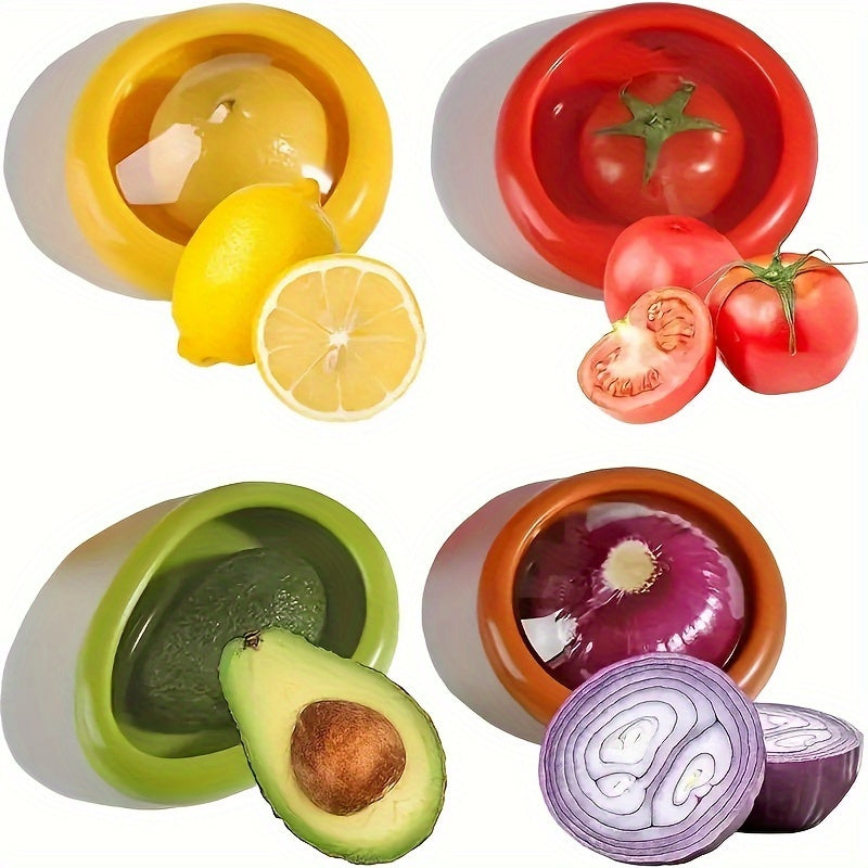 Set of 4 Silicone Fruit and Vegetable Savers - Reusable Stretch Storage Containers & Food Preservation Elastic Pods for Refrigerator - Ideal for Avocado, Tomato, Onion, Lemon & Garlic