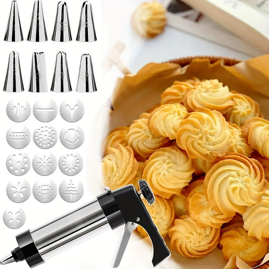 Stainless Steel Cookie Press Gun Kit - Professional Biscuit Maker & Cake Decorating Machine with Pastry Extruder Nozzles and Molds - Perfect Baking Tools for Valentine's Day, Easter & Holiday Desserts