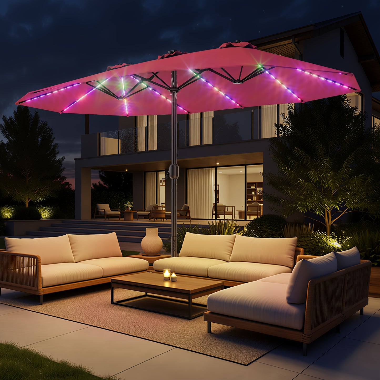 15FT Double Sided Rectangular Patio Umbrella, Solar RGB LED Lights Outdoor Market Umbrella with Crank & Included Base for Pool Garden Backyard