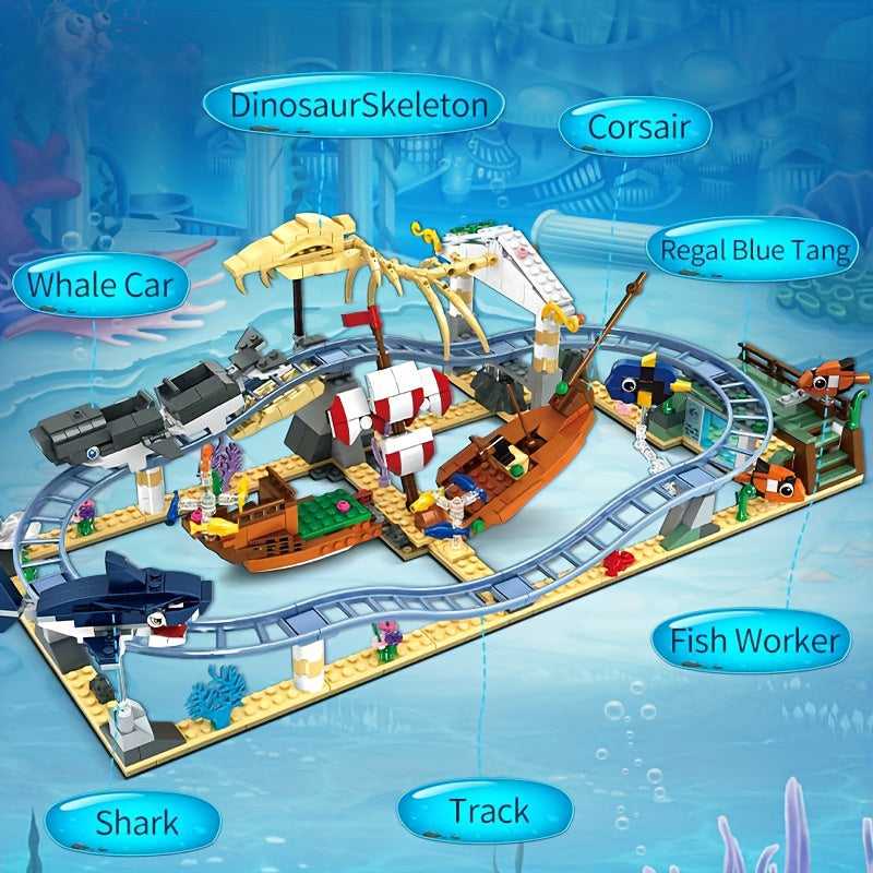 Shark Dinosaur Roller Coaster Building Blocks, Undersea Ocean DIY Scene Construction Toy, Kids Educational Holiday Gift