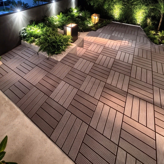 44 Pack 12×12 Inch Interlocking Patio Deck Tiles, Waterproof Slip Resistant Outdoor Flooring, Easy Snap-In Install Decking Tiles for Patio Pool Backyard, Grey & Brown Available