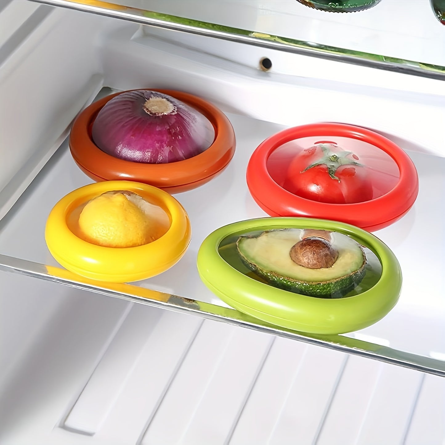 Set of 4 Silicone Fruit and Vegetable Savers - Reusable Stretch Storage Containers & Food Preservation Elastic Pods for Refrigerator - Ideal for Avocado, Tomato, Onion, Lemon & Garlic