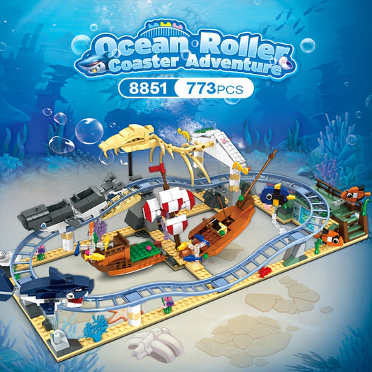 Shark Dinosaur Roller Coaster Building Blocks, Undersea Ocean DIY Scene Construction Toy, Kids Educational Holiday Gift