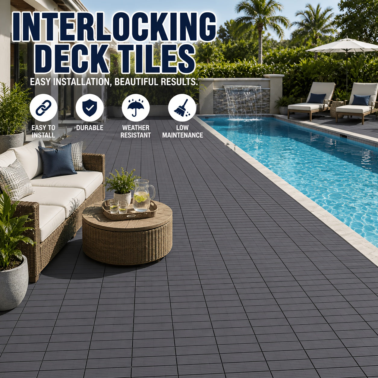44 Pack 12×12 Inch Interlocking Patio Deck Tiles, Waterproof Slip Resistant Outdoor Flooring, Easy Snap-In Install Decking Tiles for Patio Pool Backyard, Grey & Brown Available
