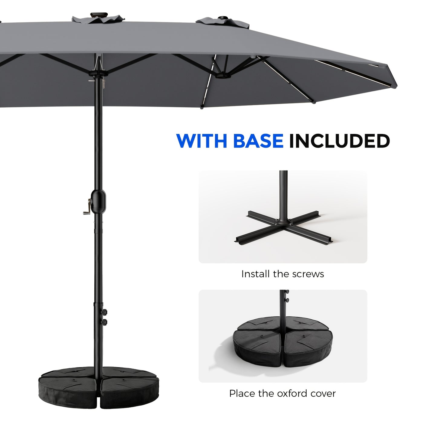 15FT Double Sided Rectangular Patio Umbrella, Solar RGB LED Lights Outdoor Market Umbrella with Crank & Included Base for Pool Garden Backyard