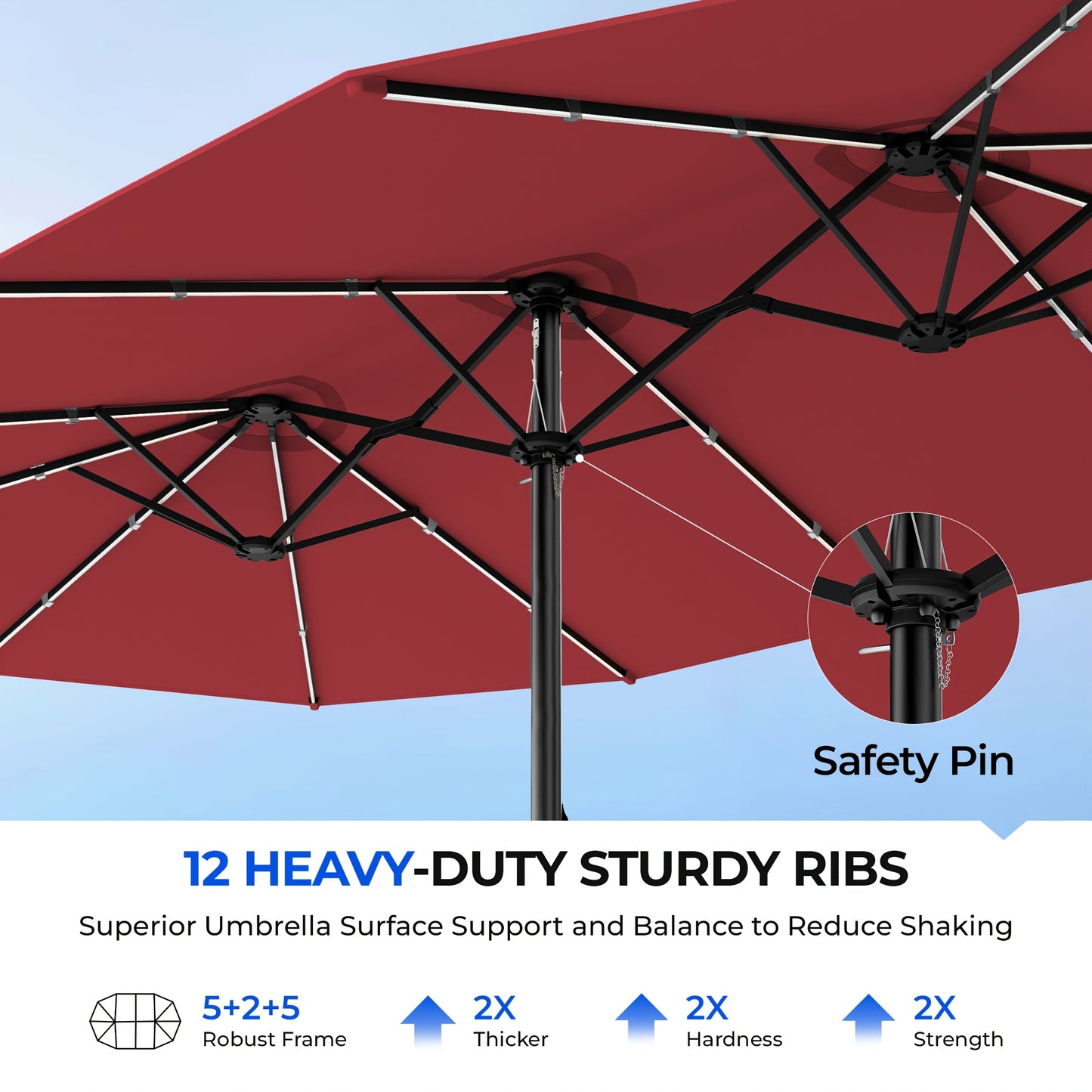 15FT Double Sided Rectangular Patio Umbrella, Solar RGB LED Lights Outdoor Market Umbrella with Crank & Included Base for Pool Garden Backyard