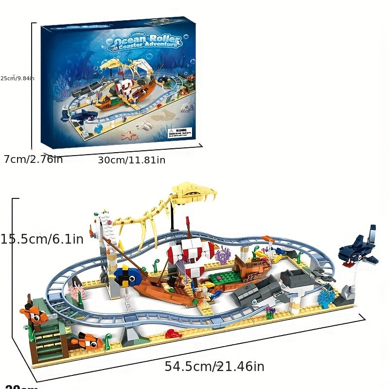 Shark Dinosaur Roller Coaster Building Blocks, Undersea Ocean DIY Scene Construction Toy, Kids Educational Holiday Gift