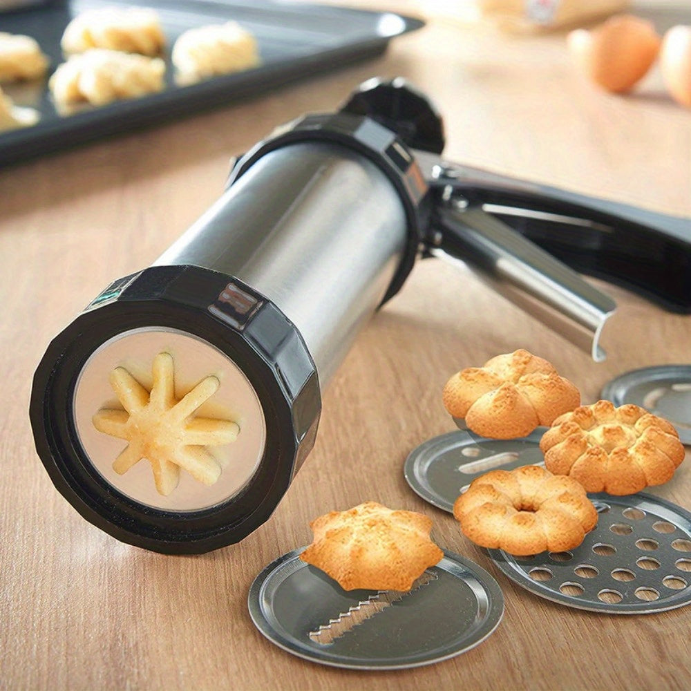 Stainless Steel Cookie Press Gun Kit - Professional Biscuit Maker & Cake Decorating Machine with Pastry Extruder Nozzles and Molds - Perfect Baking Tools for Valentine's Day, Easter & Holiday Desserts
