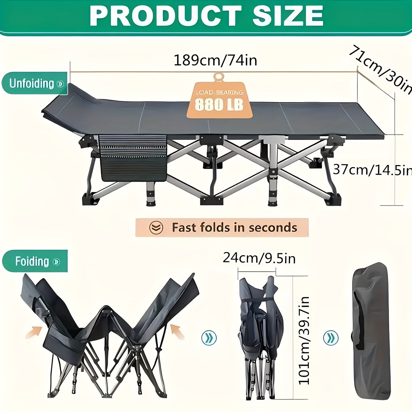 74 Inch Heavy Duty Portable Folding Camping Cot Bed with Optional Double-Sided Mattress & Carry Bag, Foldable Outdoor Sleeping Lounger for Sports Yard Home