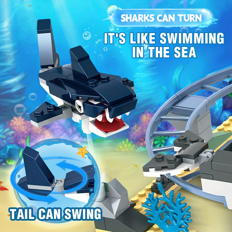 Shark Dinosaur Roller Coaster Building Blocks, Undersea Ocean DIY Scene Construction Toy, Kids Educational Holiday Gift