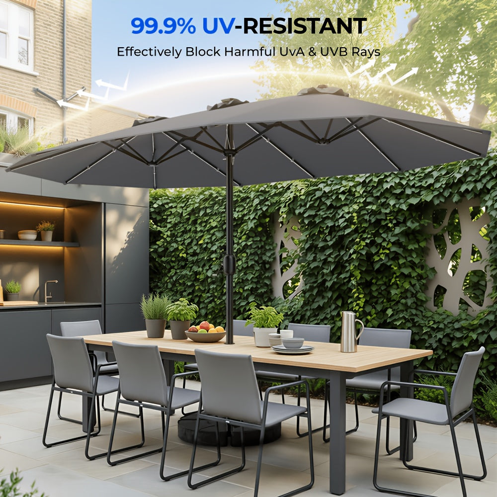 15FT Double Sided Rectangular Patio Umbrella, Solar RGB LED Lights Outdoor Market Umbrella with Crank & Included Base for Pool Garden Backyard