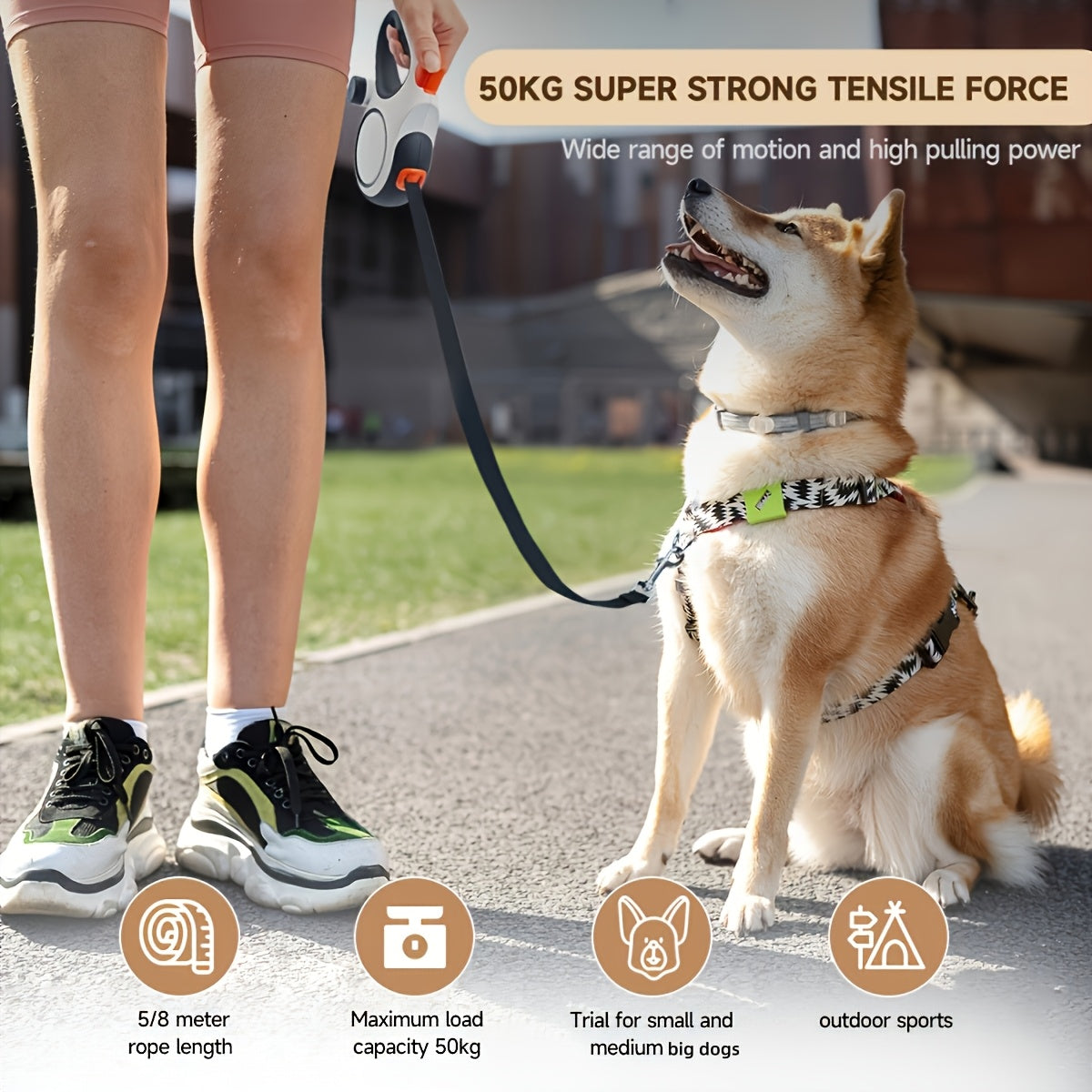 Heavy Duty Retractable Dog Leash (16ft/26ft) - 360° Tangle-Free Walking Leash with Anti-Collision, One-Button Brake & Lock, and Detachable Poop Bag Holder - Durable Pet Leash for Small to Large Dogs