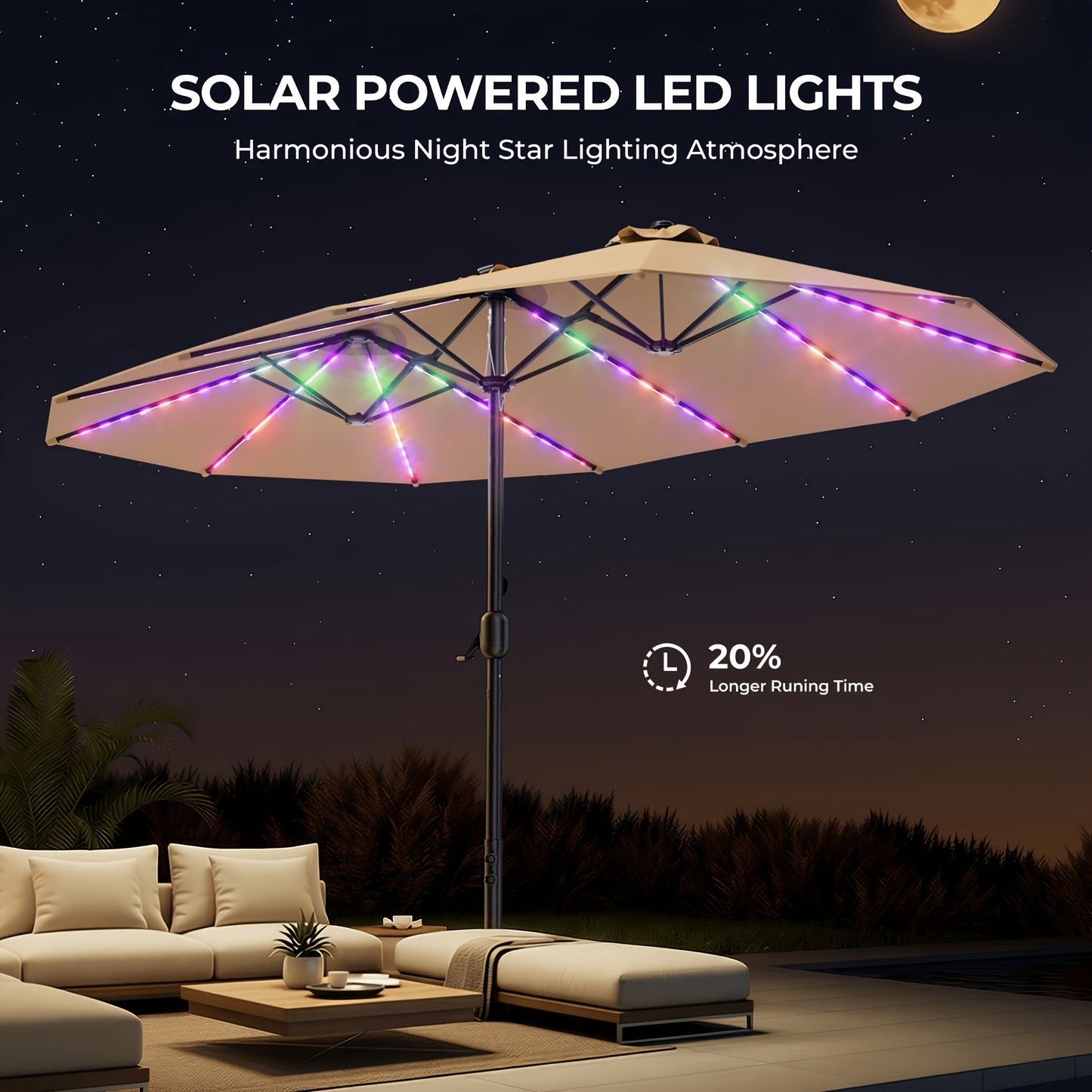 15FT Double Sided Rectangular Patio Umbrella, Solar RGB LED Lights Outdoor Market Umbrella with Crank & Included Base for Pool Garden Backyard