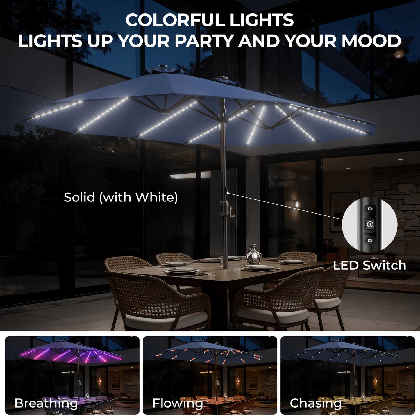 15FT Double Sided Rectangular Patio Umbrella, Solar RGB LED Lights Outdoor Market Umbrella with Crank & Included Base for Pool Garden Backyard