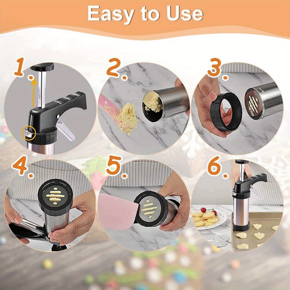 Stainless Steel Cookie Press Gun Kit - Professional Biscuit Maker & Cake Decorating Machine with Pastry Extruder Nozzles and Molds - Perfect Baking Tools for Valentine's Day, Easter & Holiday Desserts