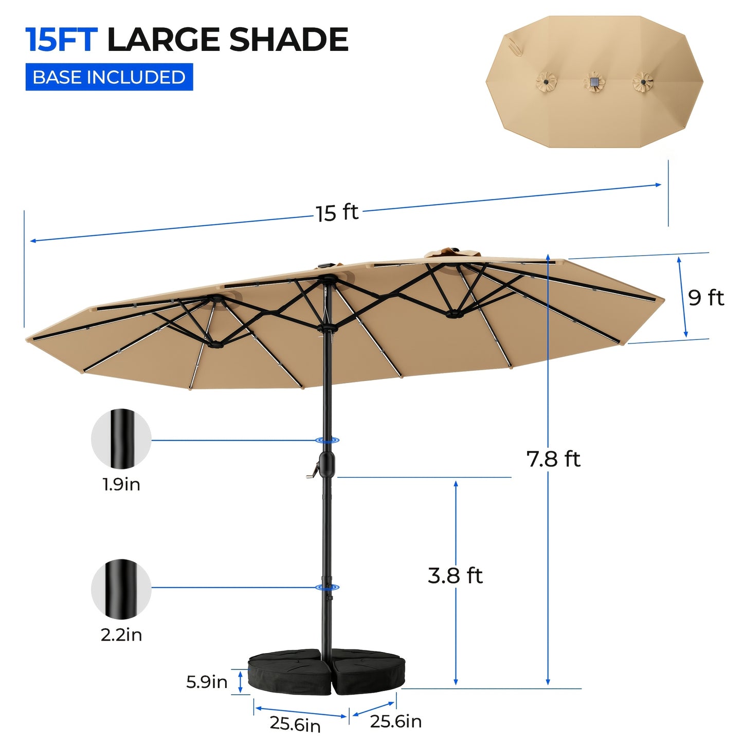 15FT Double Sided Rectangular Patio Umbrella, Solar RGB LED Lights Outdoor Market Umbrella with Crank & Included Base for Pool Garden Backyard