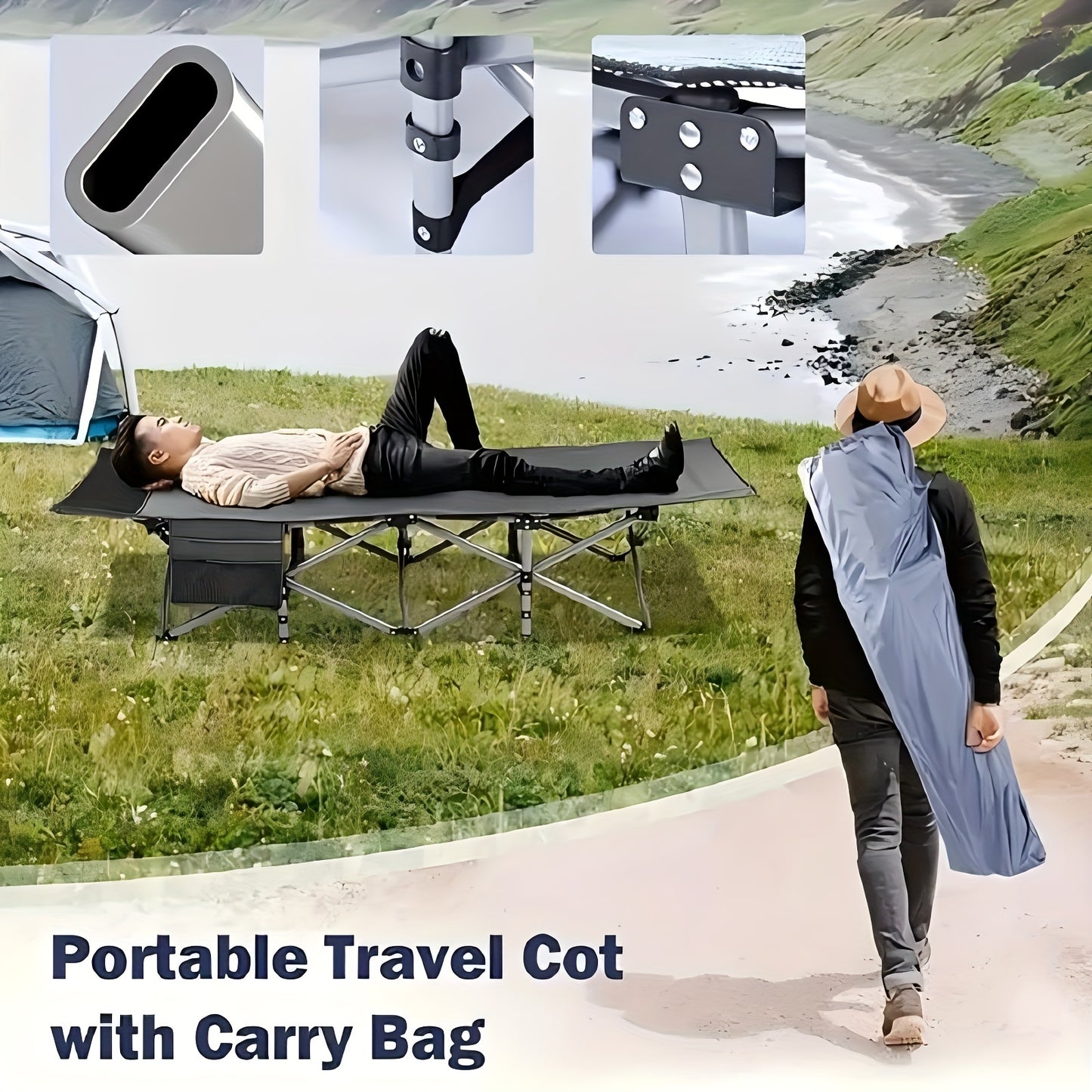 74 Inch Heavy Duty Portable Folding Camping Cot Bed with Optional Double-Sided Mattress & Carry Bag, Foldable Outdoor Sleeping Lounger for Sports Yard Home