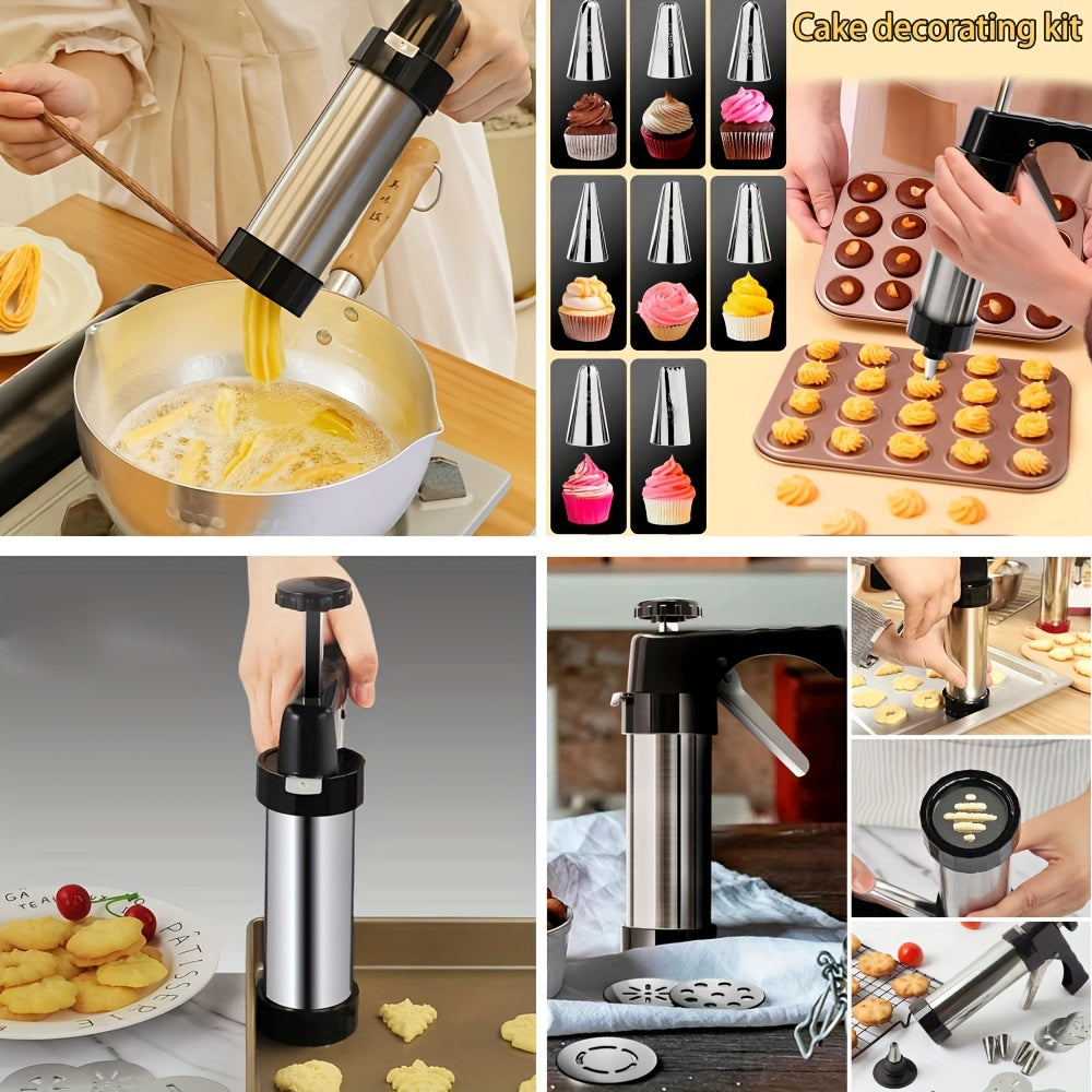Stainless Steel Cookie Press Gun Kit - Professional Biscuit Maker & Cake Decorating Machine with Pastry Extruder Nozzles and Molds - Perfect Baking Tools for Valentine's Day, Easter & Holiday Desserts