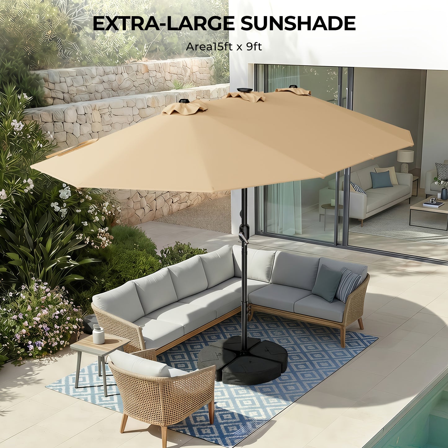 15FT Double Sided Rectangular Patio Umbrella, Solar RGB LED Lights Outdoor Market Umbrella with Crank & Included Base for Pool Garden Backyard