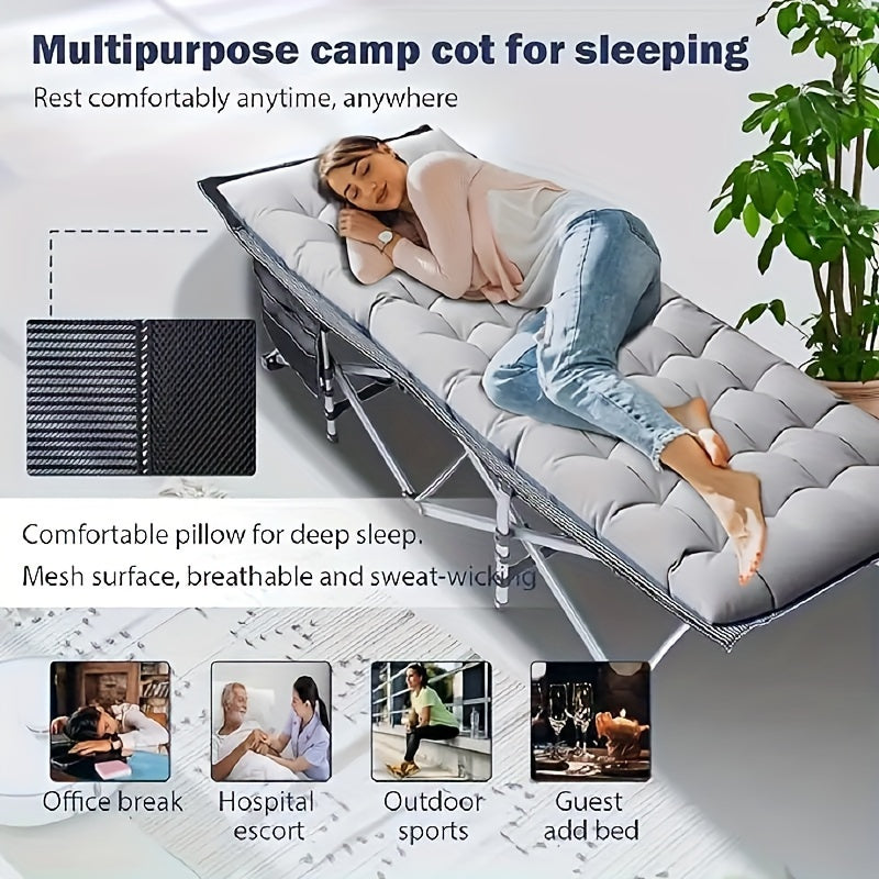 74 Inch Heavy Duty Portable Folding Camping Cot Bed with Optional Double-Sided Mattress & Carry Bag, Foldable Outdoor Sleeping Lounger for Sports Yard Home
