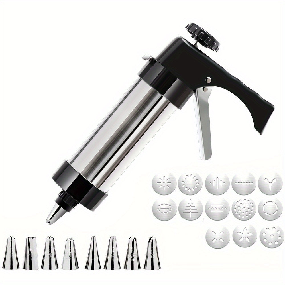 Stainless Steel Cookie Press Gun Kit - Professional Biscuit Maker & Cake Decorating Machine with Pastry Extruder Nozzles and Molds - Perfect Baking Tools for Valentine's Day, Easter & Holiday Desserts