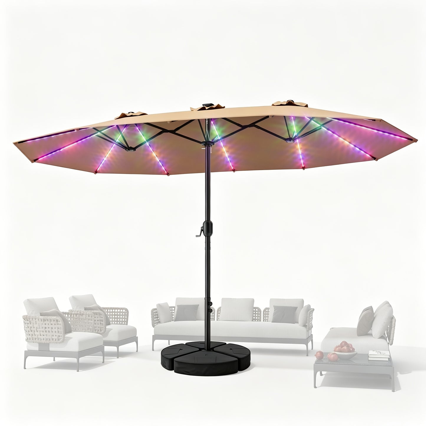 15FT Double Sided Rectangular Patio Umbrella, Solar RGB LED Lights Outdoor Market Umbrella with Crank & Included Base for Pool Garden Backyard