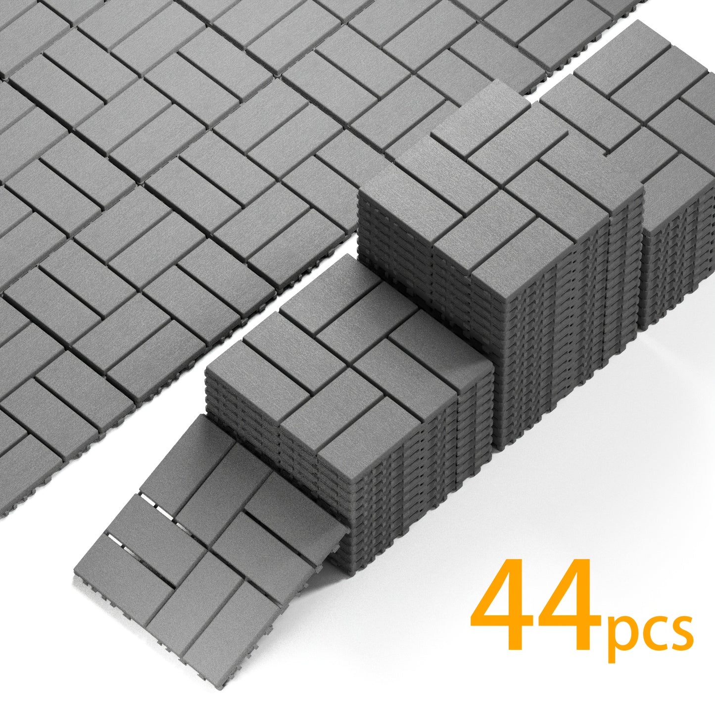 44 Pack 12×12 Inch Interlocking Patio Deck Tiles, Waterproof Slip Resistant Outdoor Flooring, Easy Snap-In Install Decking Tiles for Patio Pool Backyard, Grey & Brown Available