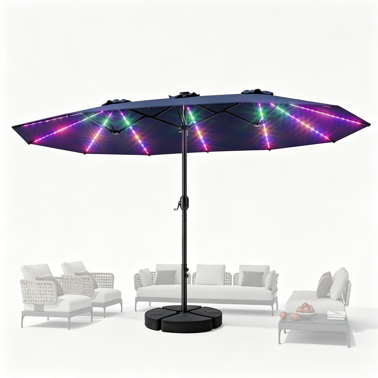 15FT Double Sided Rectangular Patio Umbrella, Solar RGB LED Lights Outdoor Market Umbrella with Crank & Included Base for Pool Garden Backyard