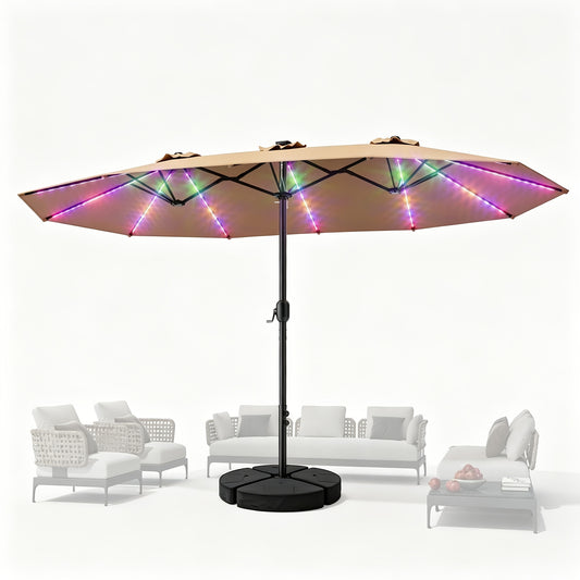 15FT Double Sided Rectangular Patio Umbrella, Solar RGB LED Lights Outdoor Market Umbrella with Crank & Included Base for Pool Garden Backyard