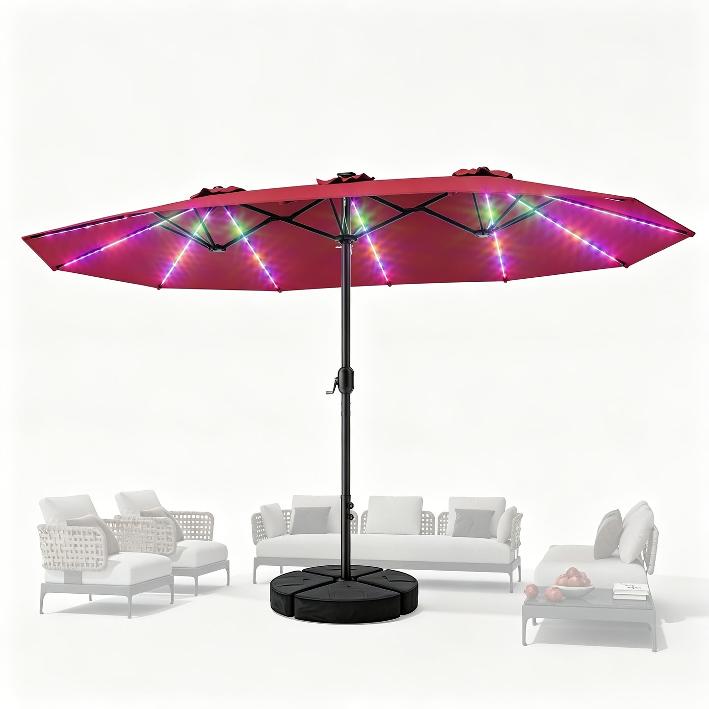 15FT Double Sided Rectangular Patio Umbrella, Solar RGB LED Lights Outdoor Market Umbrella with Crank & Included Base for Pool Garden Backyard