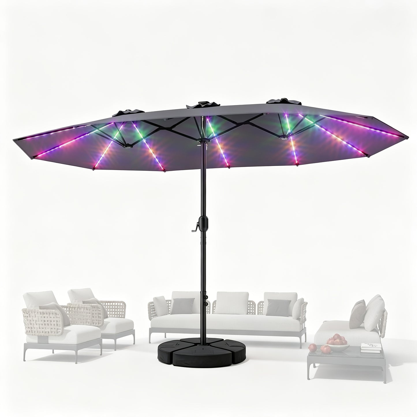 15FT Double Sided Rectangular Patio Umbrella, Solar RGB LED Lights Outdoor Market Umbrella with Crank & Included Base for Pool Garden Backyard