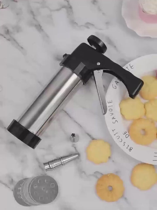 Stainless Steel Cookie Press Gun Kit - Professional Biscuit Maker & Cake Decorating Machine with Pastry Extruder Nozzles and Molds - Perfect Baking Tools for Valentine's Day, Easter & Holiday Desserts